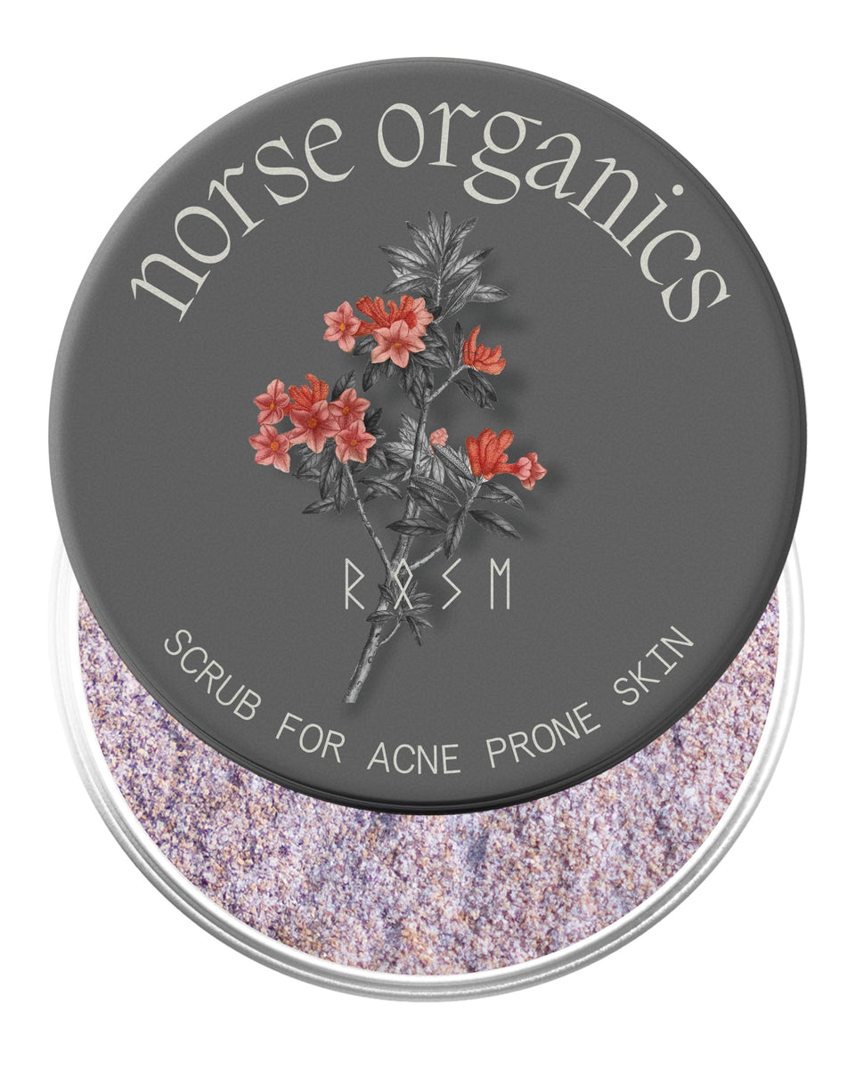 Norse Organics scrub with rose petals for gentle exfoliation.