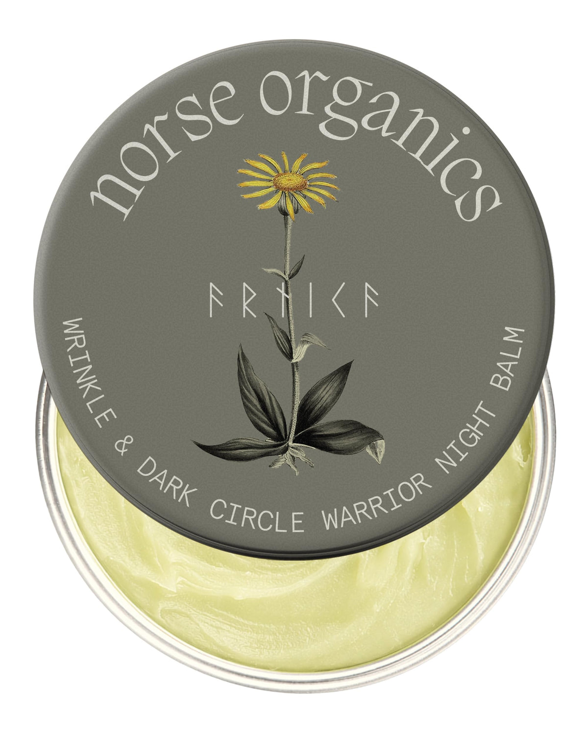 Norse Organics Wrinkle Warrior Balm jar closeup for firming hydration