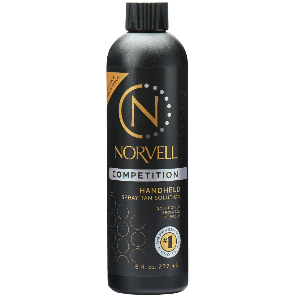 Norvell Competition Tan 8oz bottle delivers streak-free color for a smooth finish.