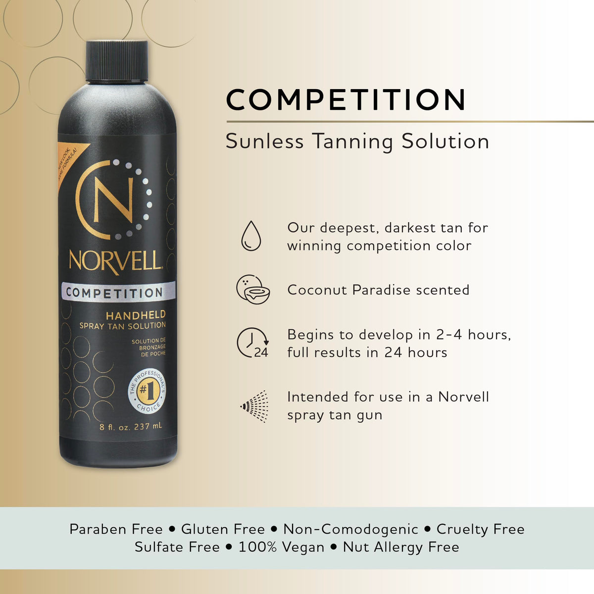 Norvell Competition Tan spray-mist demonstrates quick-dry application for efficient sessions.