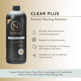 Close-up of Norvell bottle label shows bronzer-free formula and DHA-based color