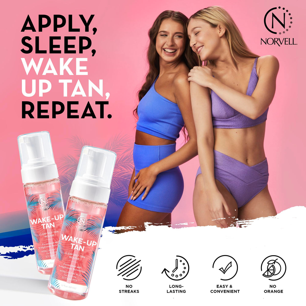 Norvell Wake-Up Tan Clear Water Mousse bottle highlighting easy application for face and body.