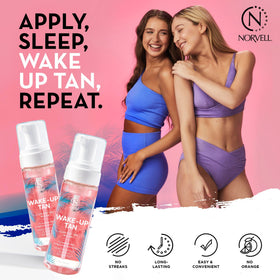 Norvell Wake-Up Tan Clear Water Mousse bottle highlighting easy application for face and body.