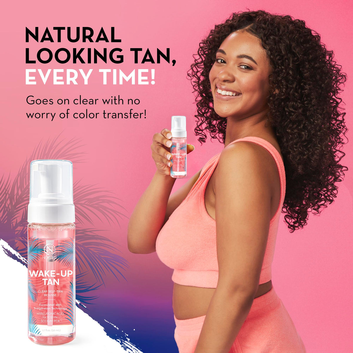 Norvell Wake-Up Tan packaging conveys transfer-free formula reduces staining risk.