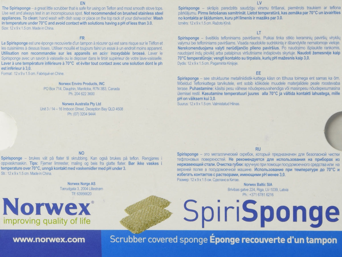 Norwex Spirisponge Scrubber packaging view; two ready-to-use sponges for efficient cleaning.