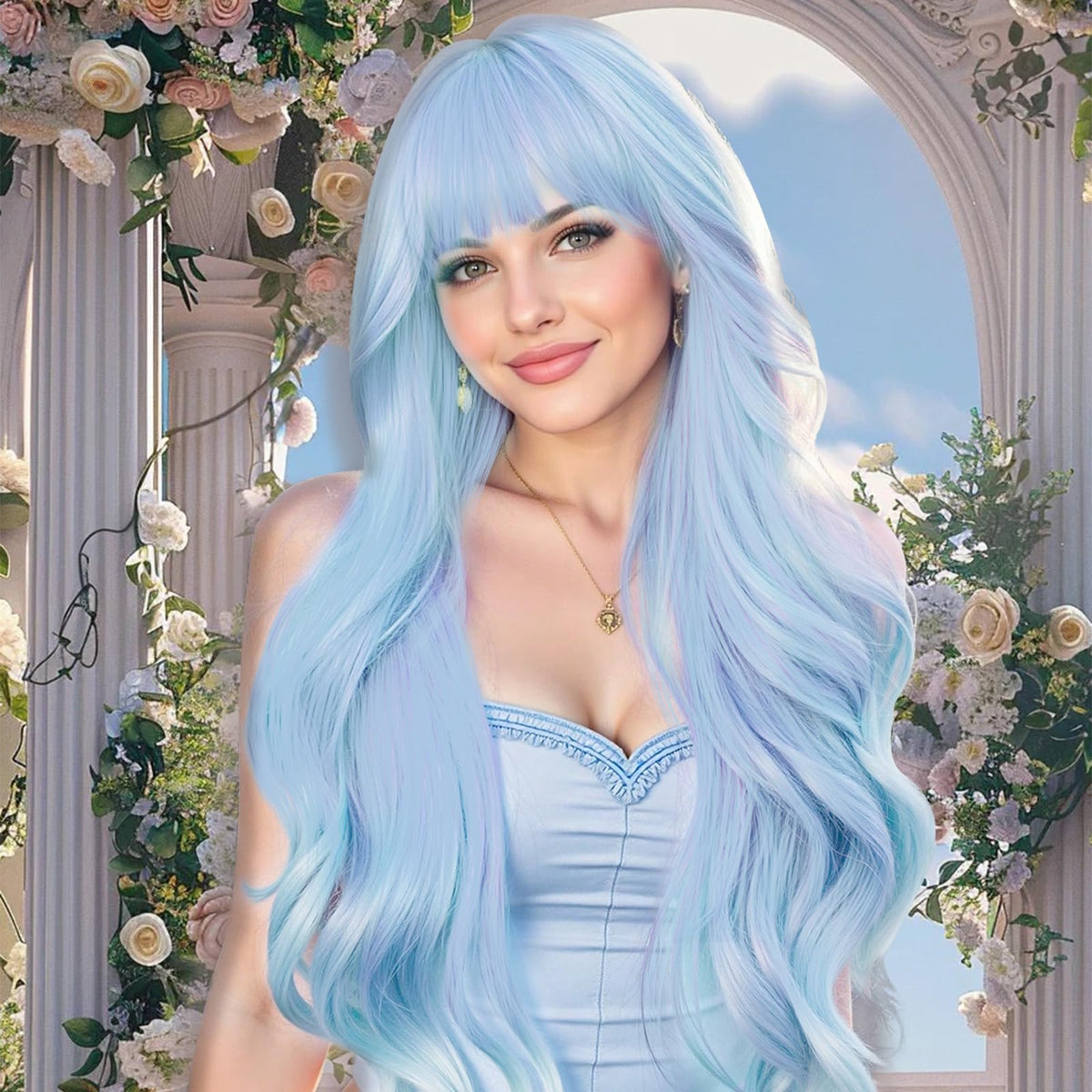 Nostalgia blue wig with bangs, 26 inches, for versatile daily styling