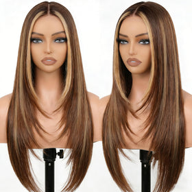 NOSTALGIA honey blonde highlight straight lace front wig offers natural color and easy daily styling.