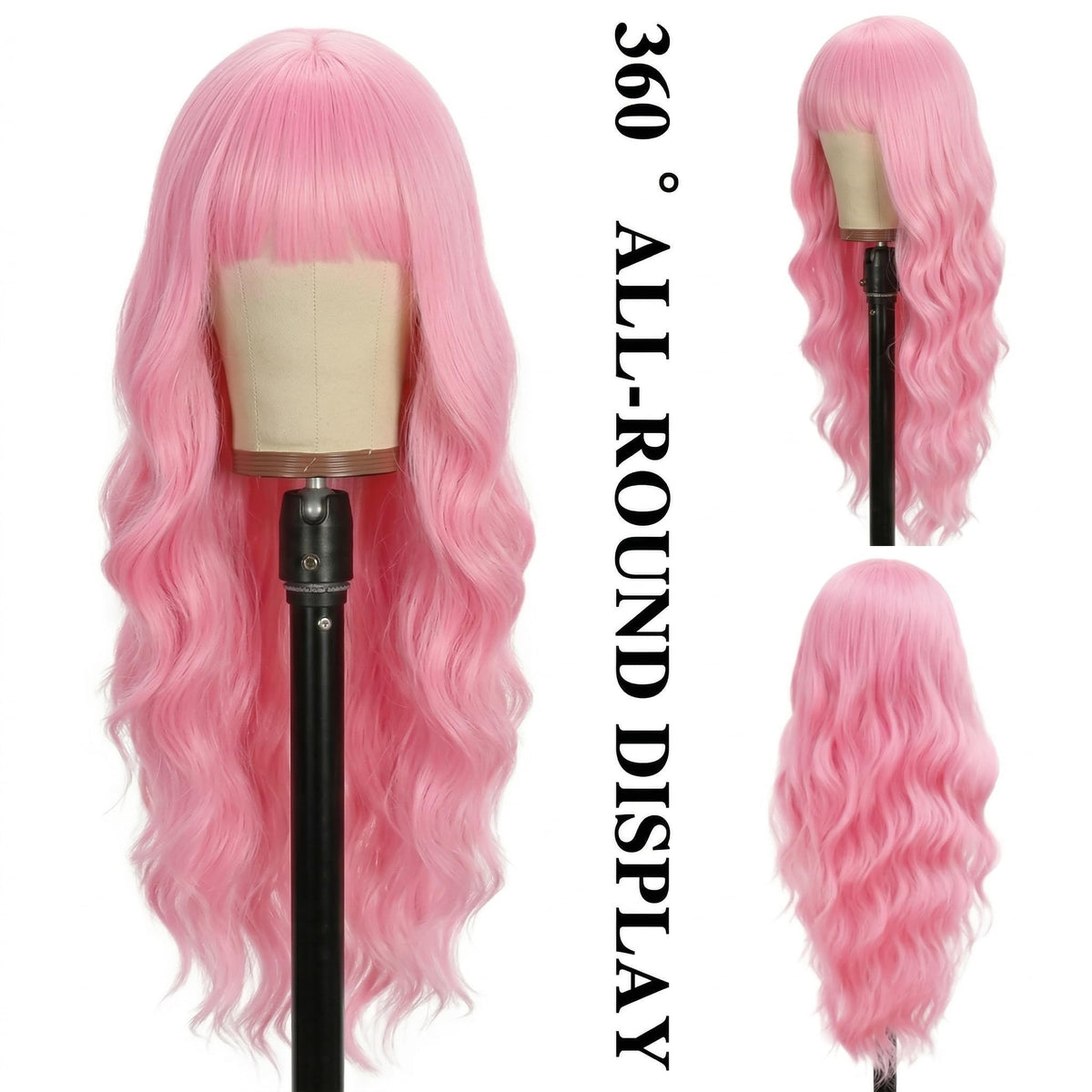 NOSTALGIA long wavy pink wig with heat-resistant fibers for lasting curls.