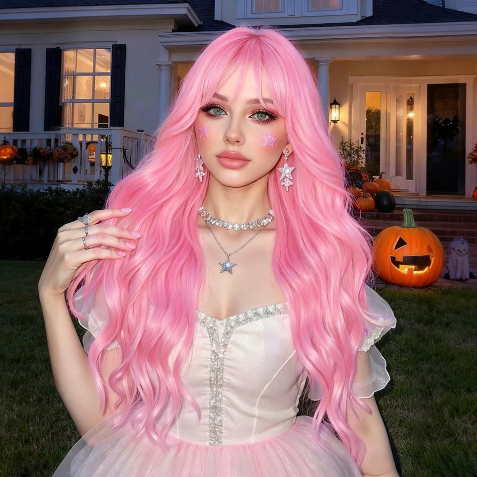 NOSTALGIA pink wig with bangs, 26-inch length enhances daily style.