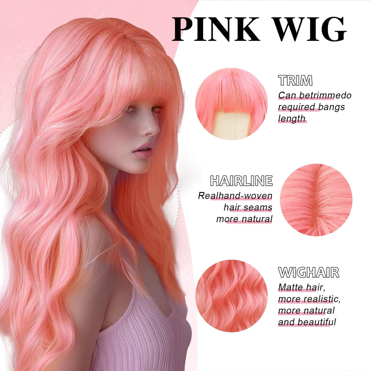NOSTALGIA pink wig with bangs back view reveals full fluffy curls and seamless layering.