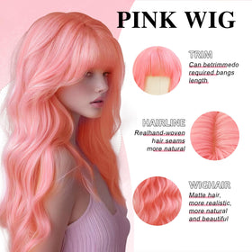 NOSTALGIA pink wig with bangs back view reveals full fluffy curls and seamless layering.