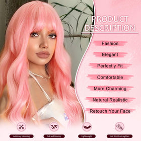 NOSTALGIA pink wig with bangs closeup fiber shows heat-resistant soft synthetic texture.