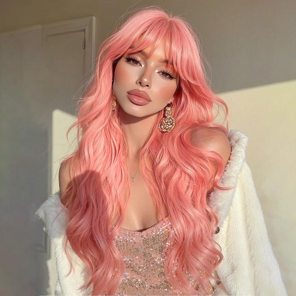 NOSTALGIA pink wig with bangs front view shows voluminous long waves for daily confidence.