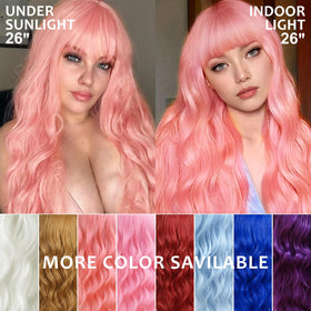 NOSTALGIA pink wig with bangs packaging view suggests ready-to-wear convenience.