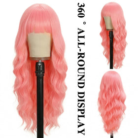 NOSTALGIA pink wig with bangs side view highlights natural fall and easy styling.