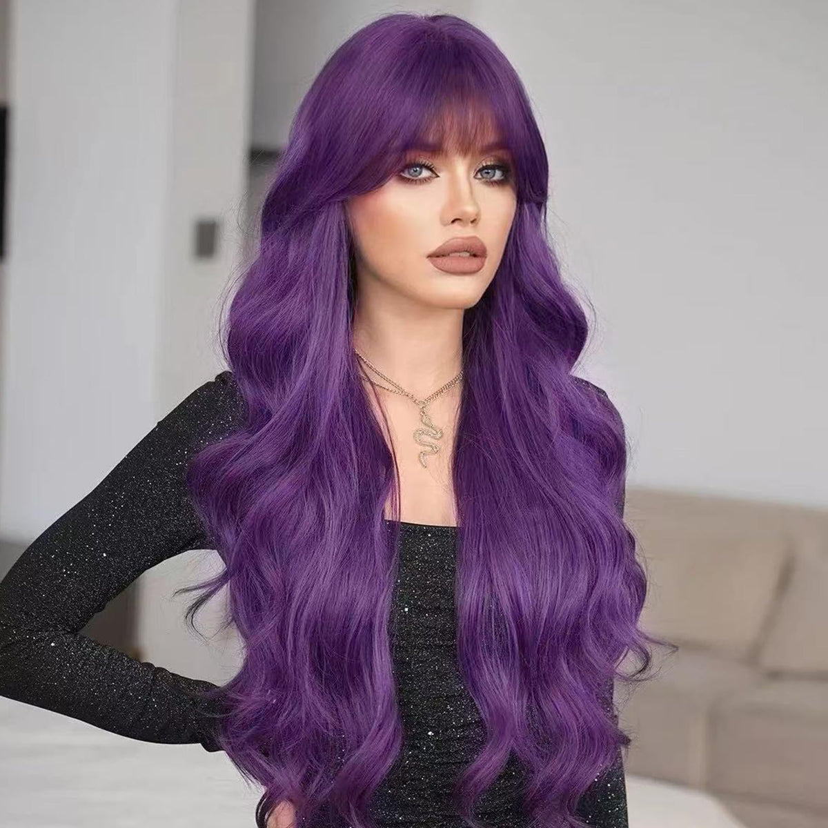 NOSTALGIA purple wig bangs closeup showing realistic styling for daily wear