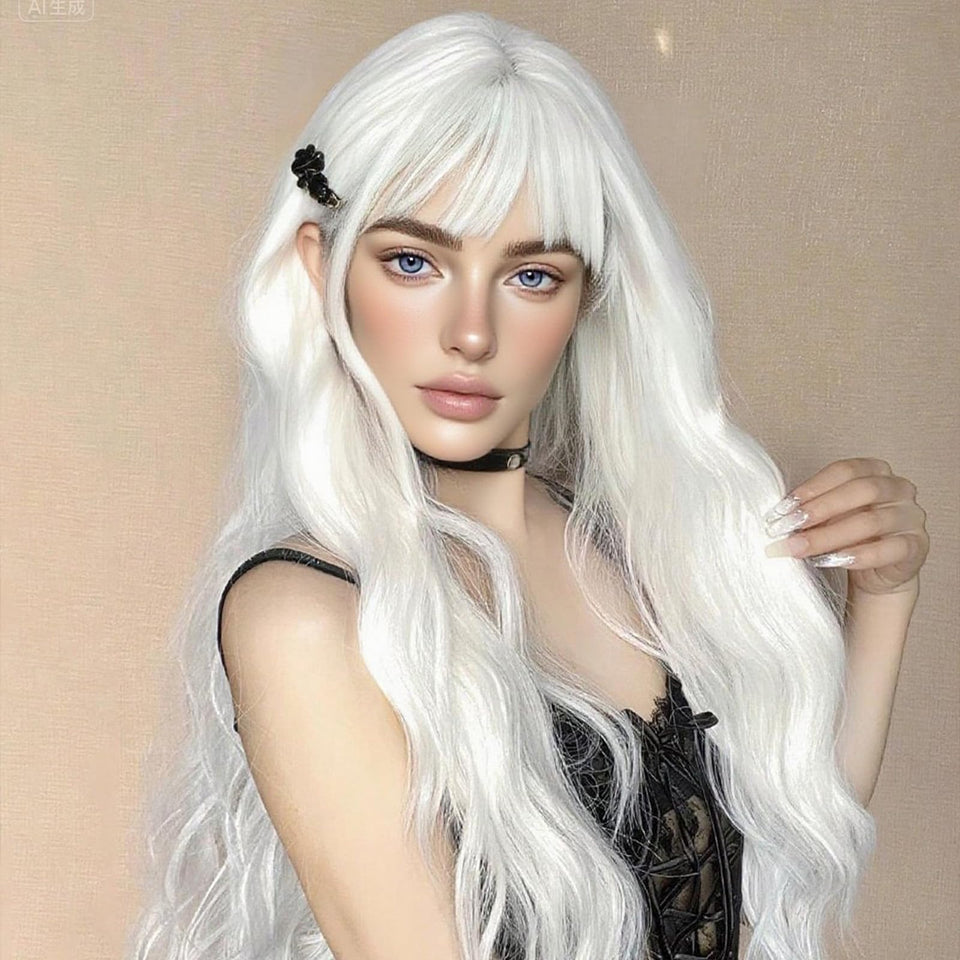 NOSTALGIA white wig with bangs front view for face framing