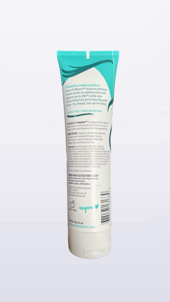 Not Your Mother's Smooth Moves Priming Cream label closeup highlights frizz protection and nourishing oils.
