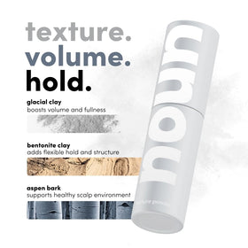 Close-up of textured NOUN powder hair showing defined texture and grip.
