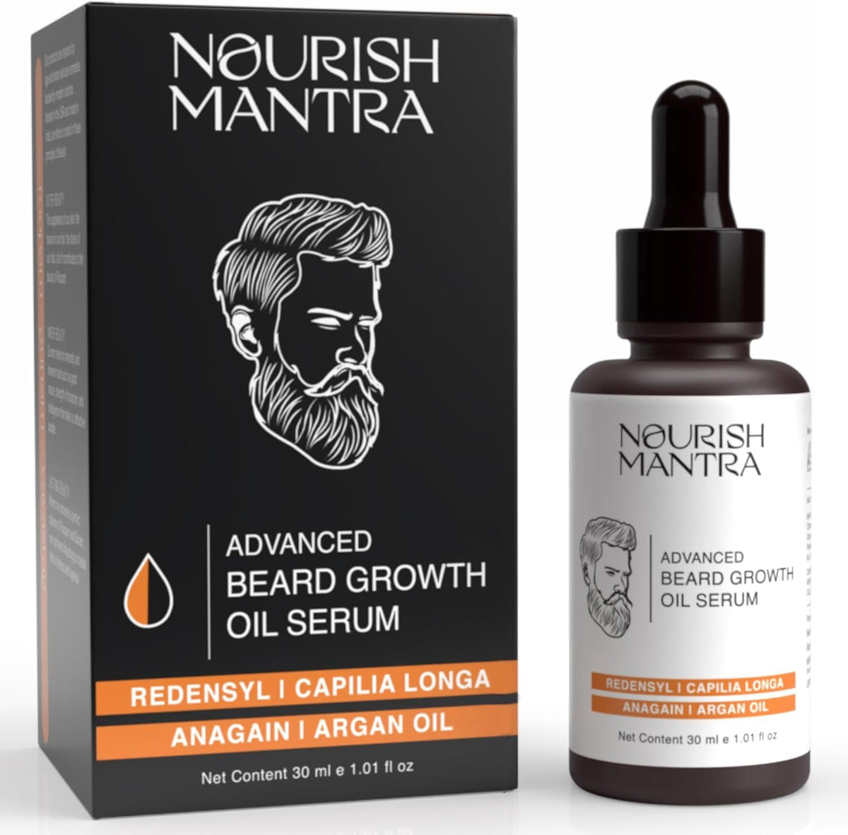 NOURISH MANTRA Advanced Beard Growth Oil bottle promotes a fuller beard.
