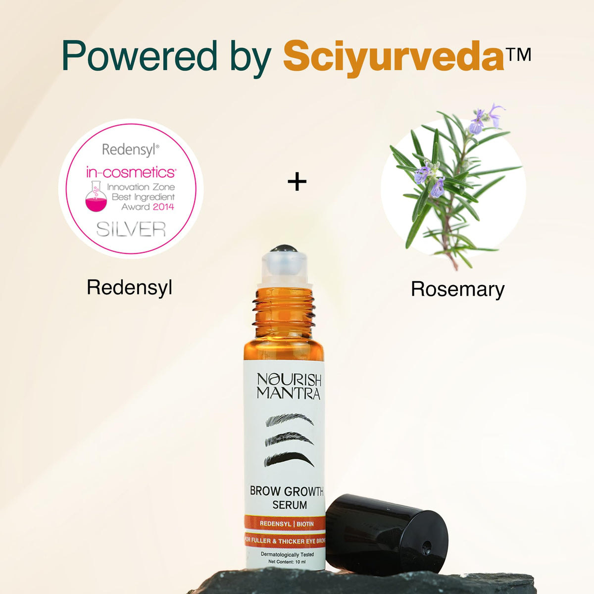 Nourish Mantra Eyebrow Growth Serum applicator brush applying serum to the brow.