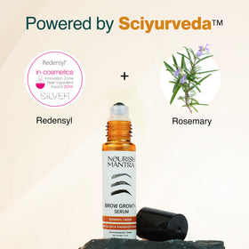 Nourish Mantra Eyebrow Growth Serum applicator brush applying serum to the brow.