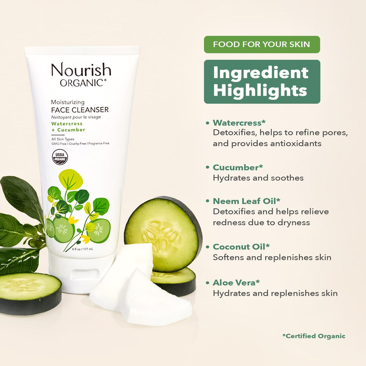 Nourish Organic Watercress Cucumber Face Wash pack of 2, fragrance-free value