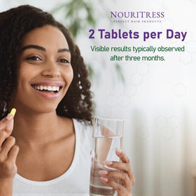 NouriTress Perfect Hair Vitamins Plus on vanity for healthy scalp focus
