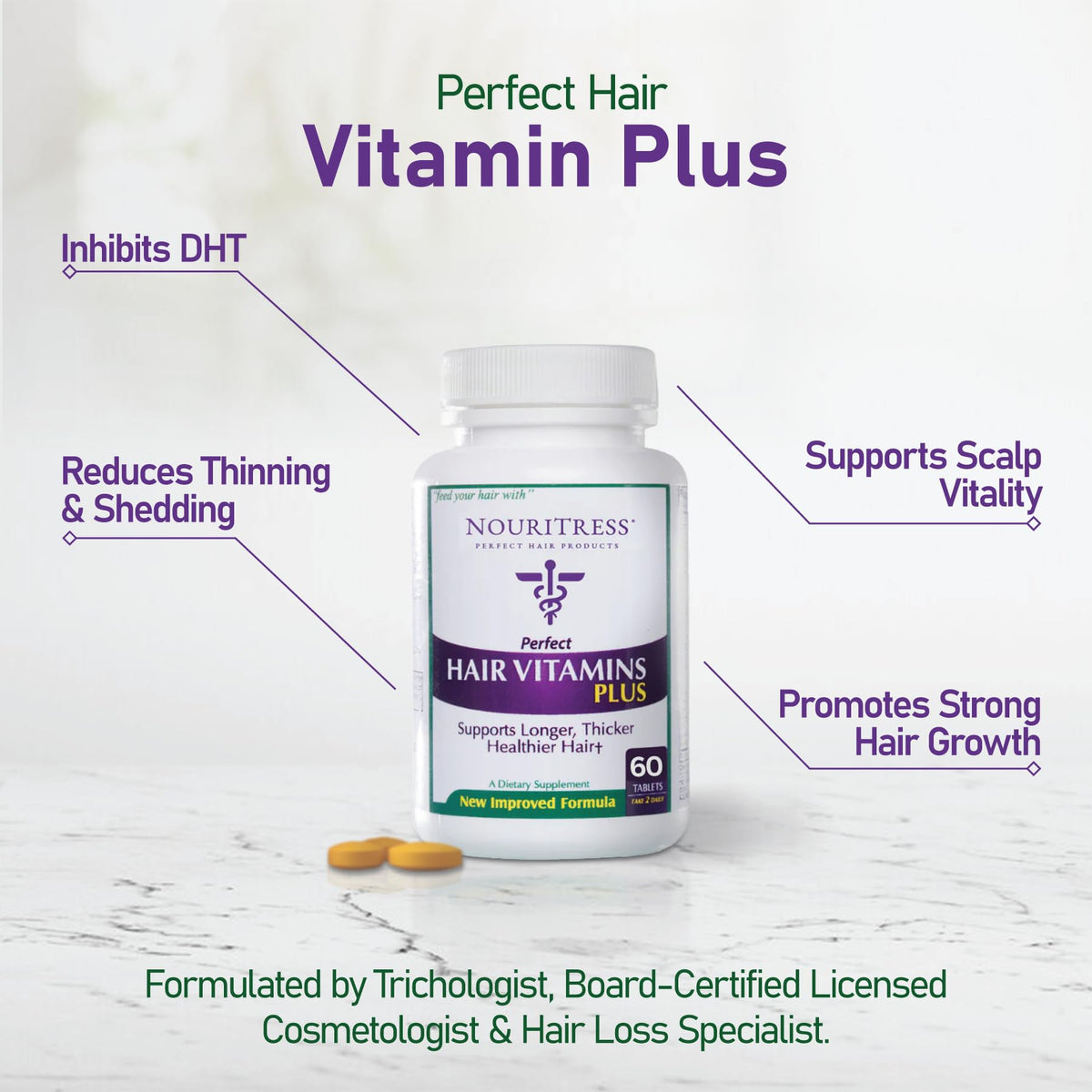 NouriTress Perfect Hair Vitamins Plus packaging on store shelf