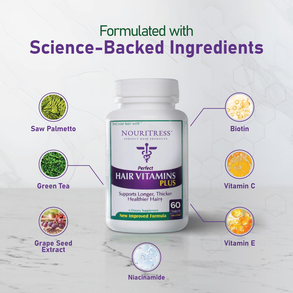 NouriTress Perfect Hair Vitamins Plus tablets close-up for daily nourishment