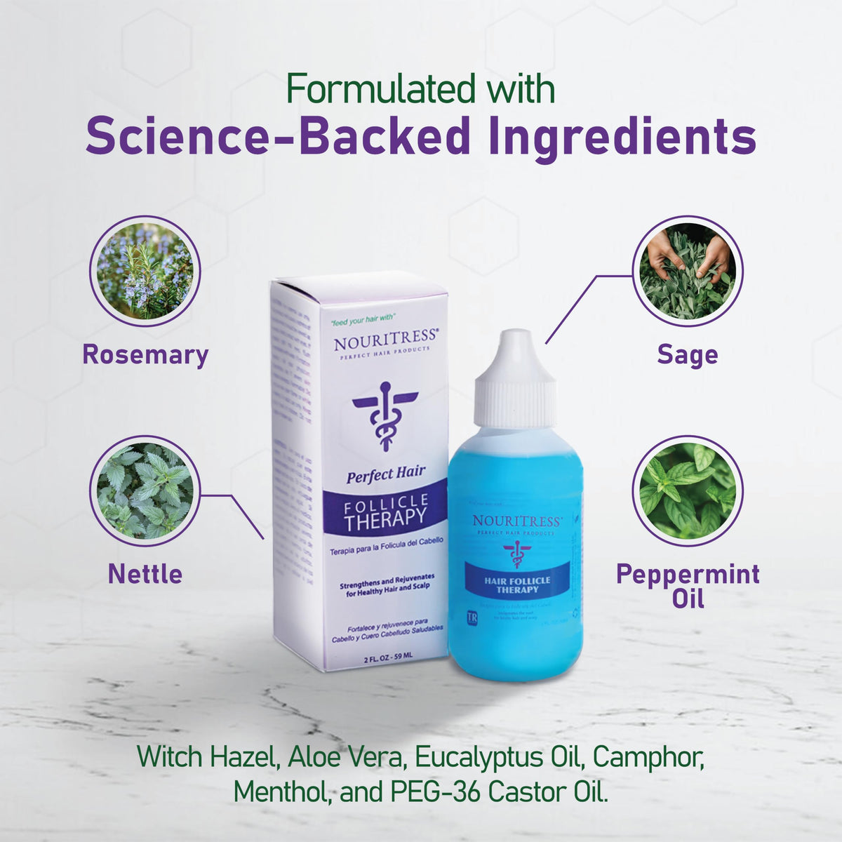 NouriTress witch hazel, aloe and peppermint provide soothing scalp comfort.