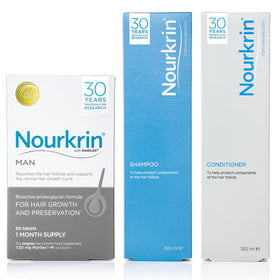 Nourkrin Man tablets pack supports daily hair nourishment.