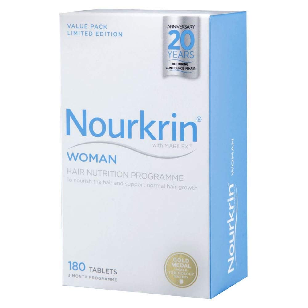 Nourkrin Woman tablets bottle promoting hair growth support