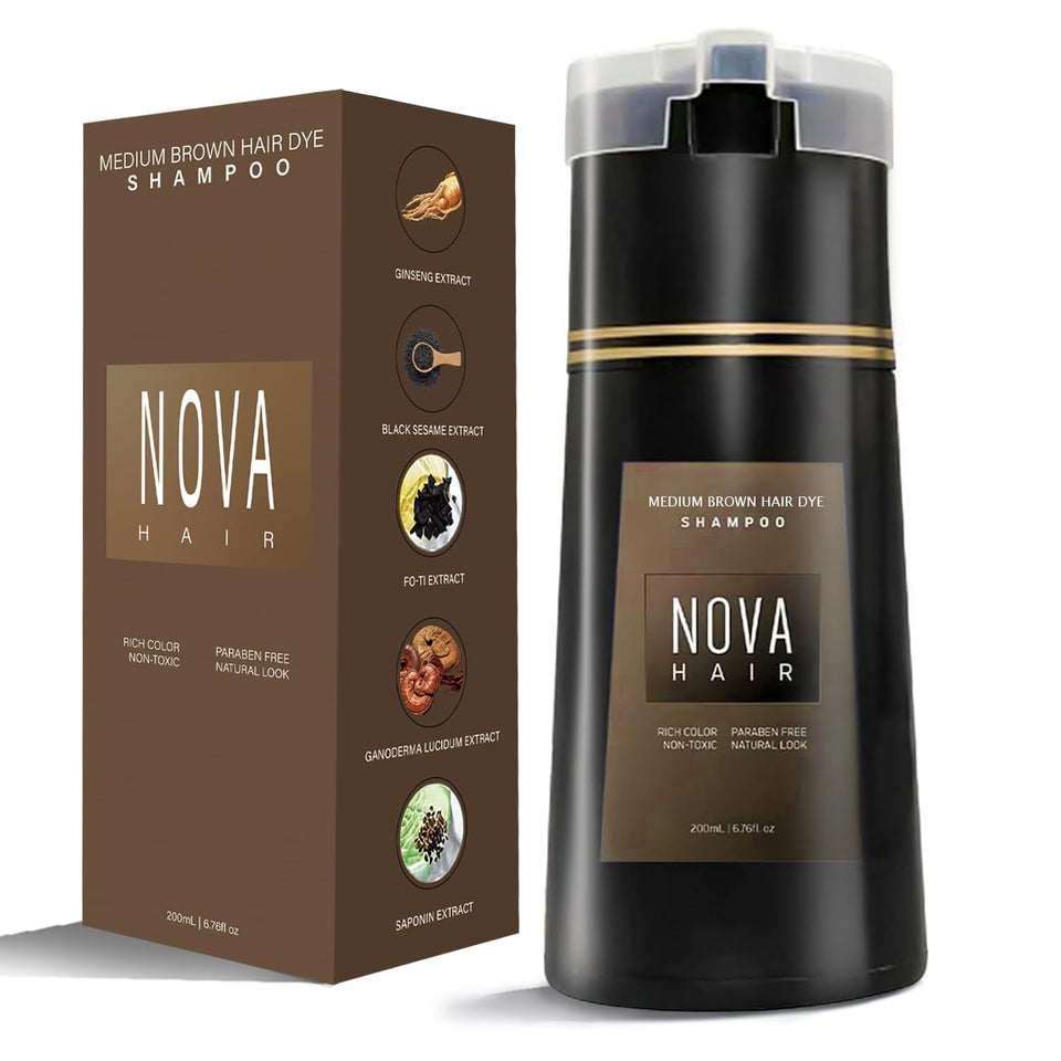 Nova Hair Dye Shampoo 3 in 1 bottle ready for easy at-home gray coverage.