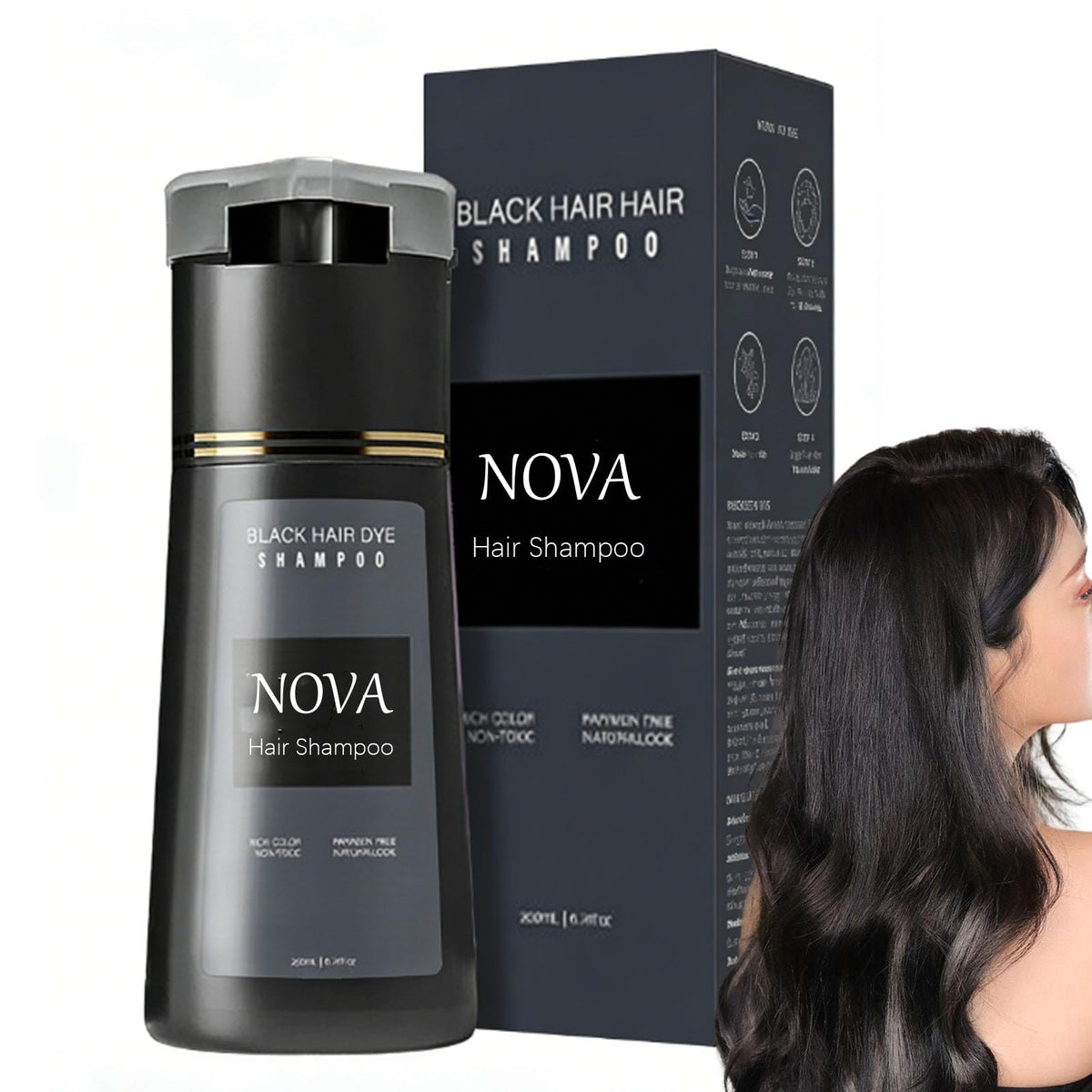 Nova hair shampoo gray coverage bottle shows even black color on hair strands