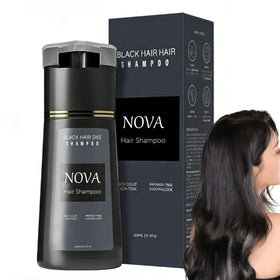 Nova hair shampoo gray coverage bottle shows even black color on hair strands
