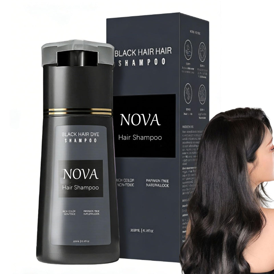 Nova hair shampoo gray coverage bottle shows even black color on hair strands