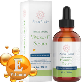 Nova Lucia Organic Vitamin E Oil bottle with dropper for daily skin hydration.
