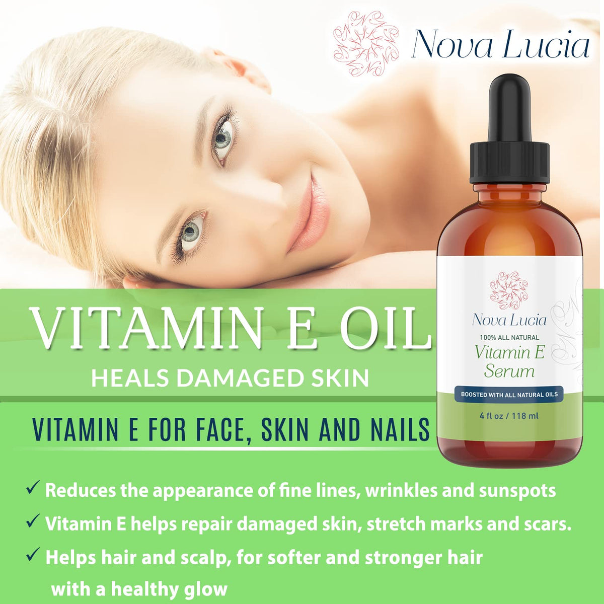 Close-up of quick-absorbing texture of Nova Lucia Vitamin E Oil on skin.