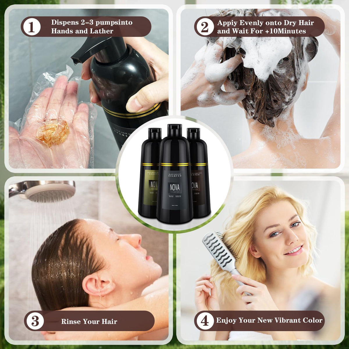Nova Shampoo 3in1 bottle highlights shampoo, conditioner, and color at home