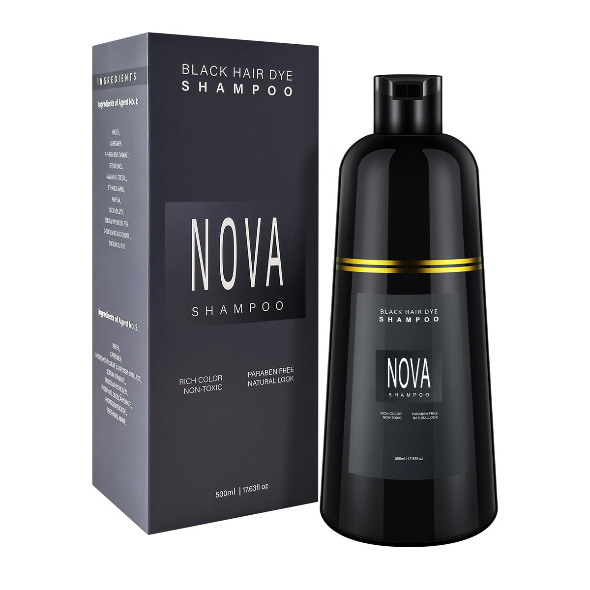 Nova Shampoo bottle close-up showing at-home gray hair coverage with a 3-in-1 formula