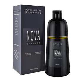 Nova Shampoo bottle close-up showing at-home gray hair coverage with a 3-in-1 formula