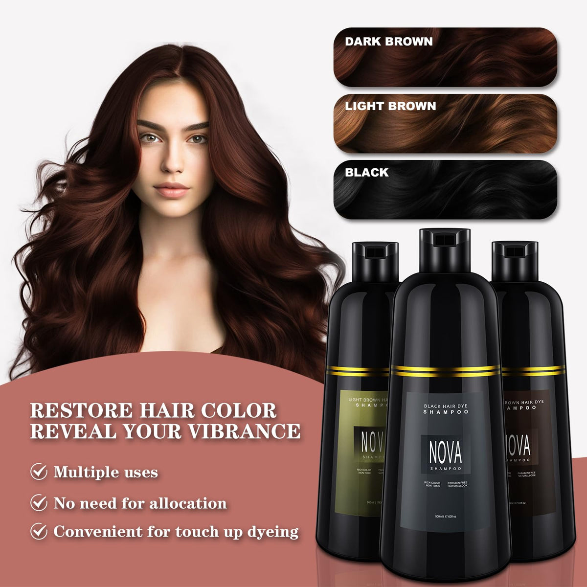 Nova Shampoo gray coverage application demonstrates surface-level color