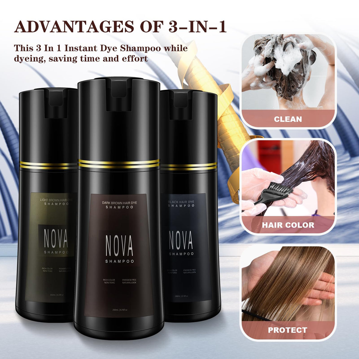 Nova Shampoo packaging includes 3-in-1 at-home color solution