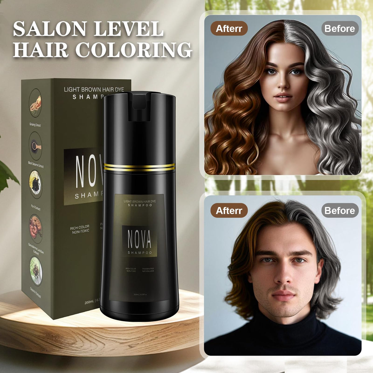 Nova Shampoo packaging and label showing natural botanicals