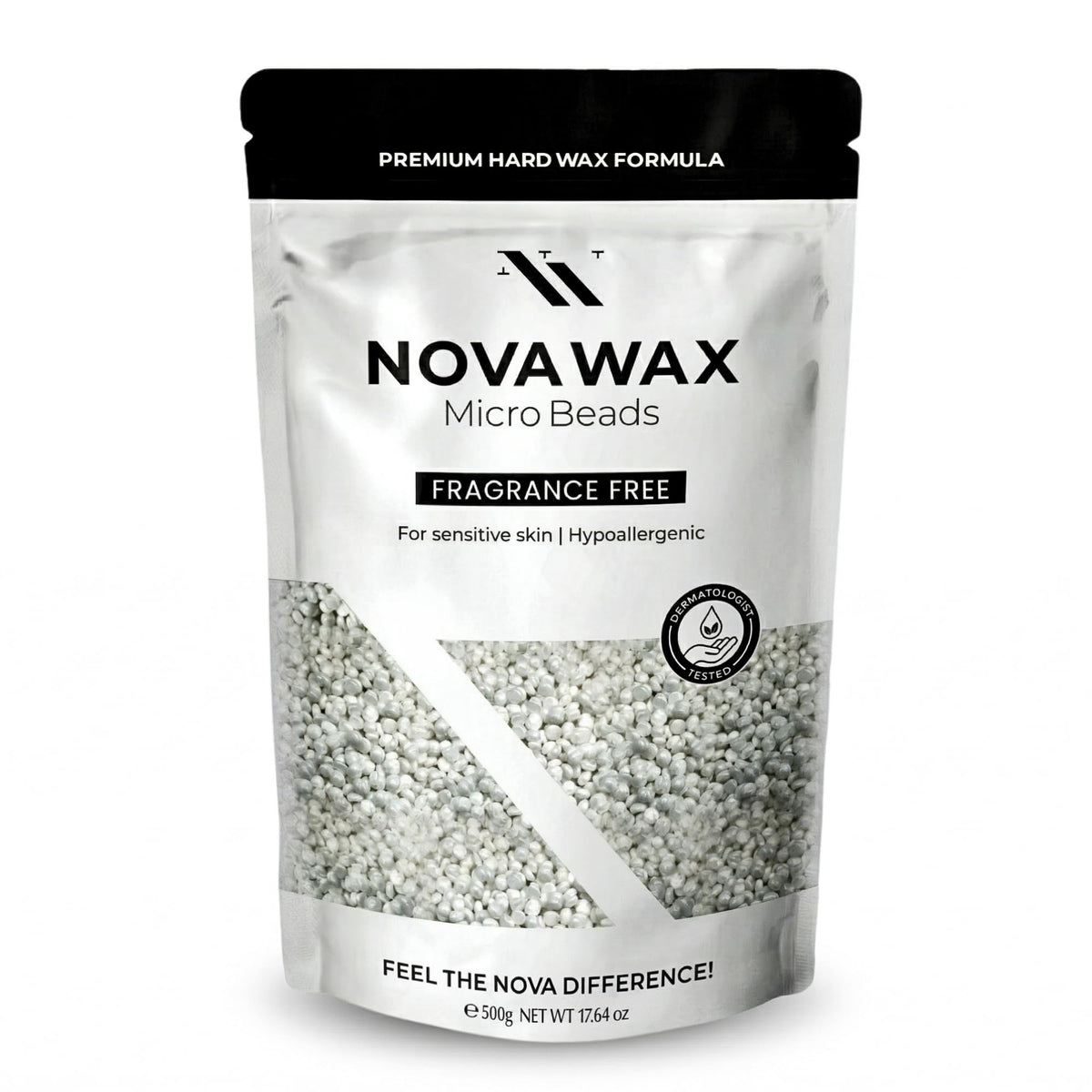 Nova Wax beads in premium packaging with metallic finish for luxury waxing at home