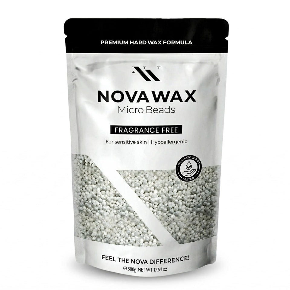 Nova Wax beads in premium packaging with metallic finish for luxury waxing at home