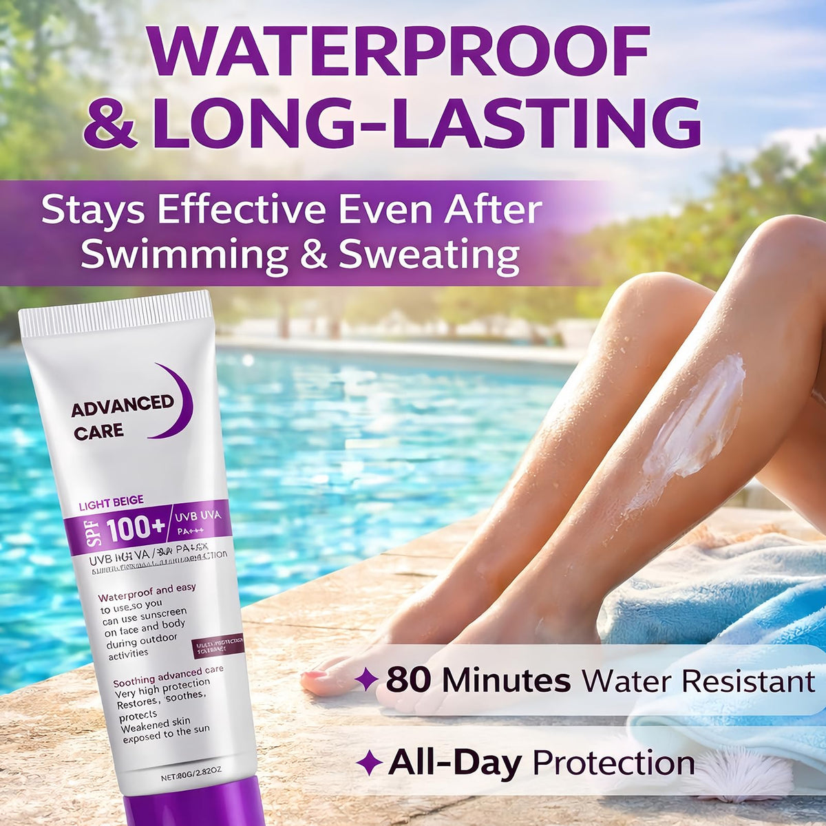 NovaCharm SPF100 water-resistance graphic demonstrating lasting coverage