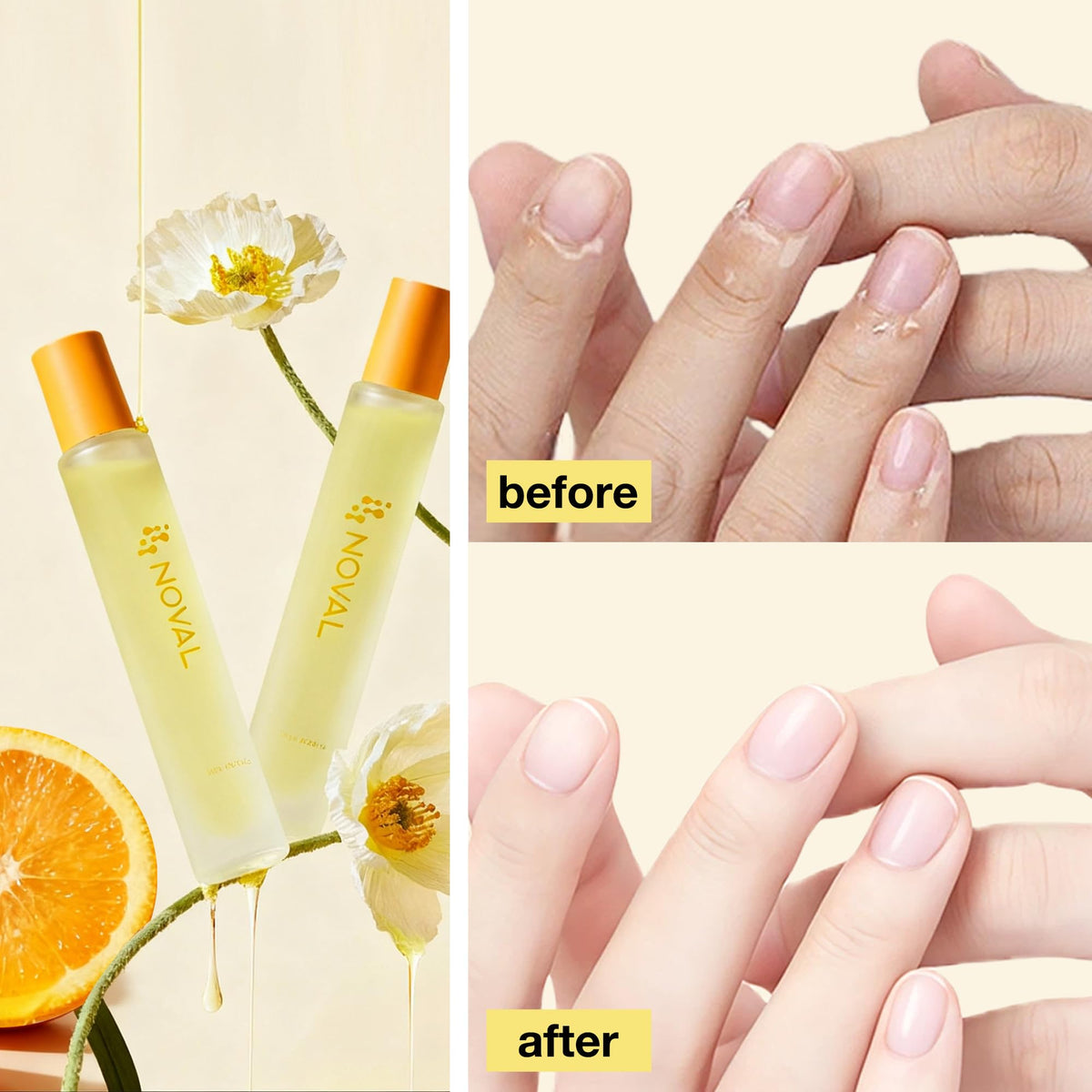 NOVAL Cuticle Oil ingredients: vitamin E, tea tree, thyme extracts close-up.