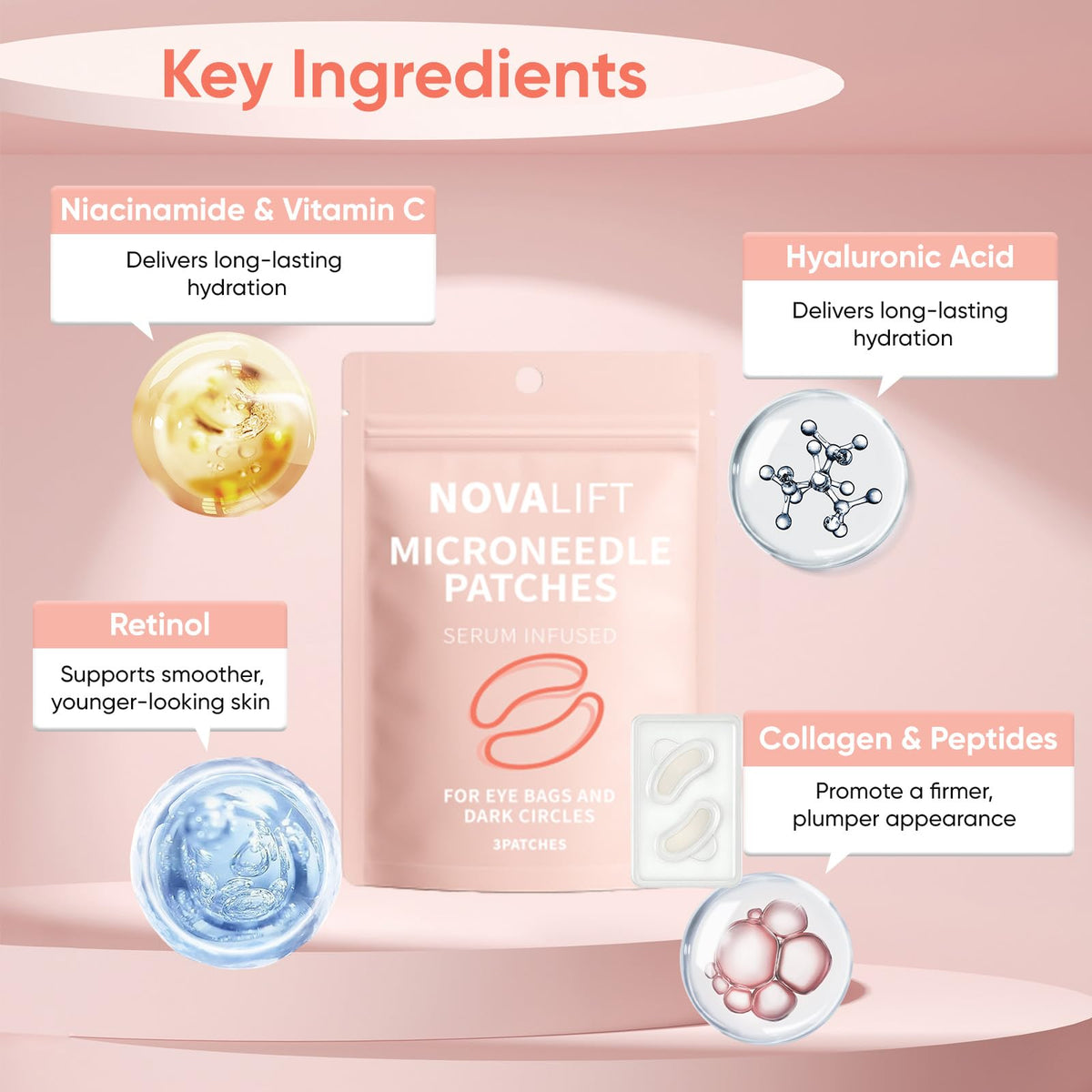 NOVALIFT under-eye area patches brighten tired-looking eyes.